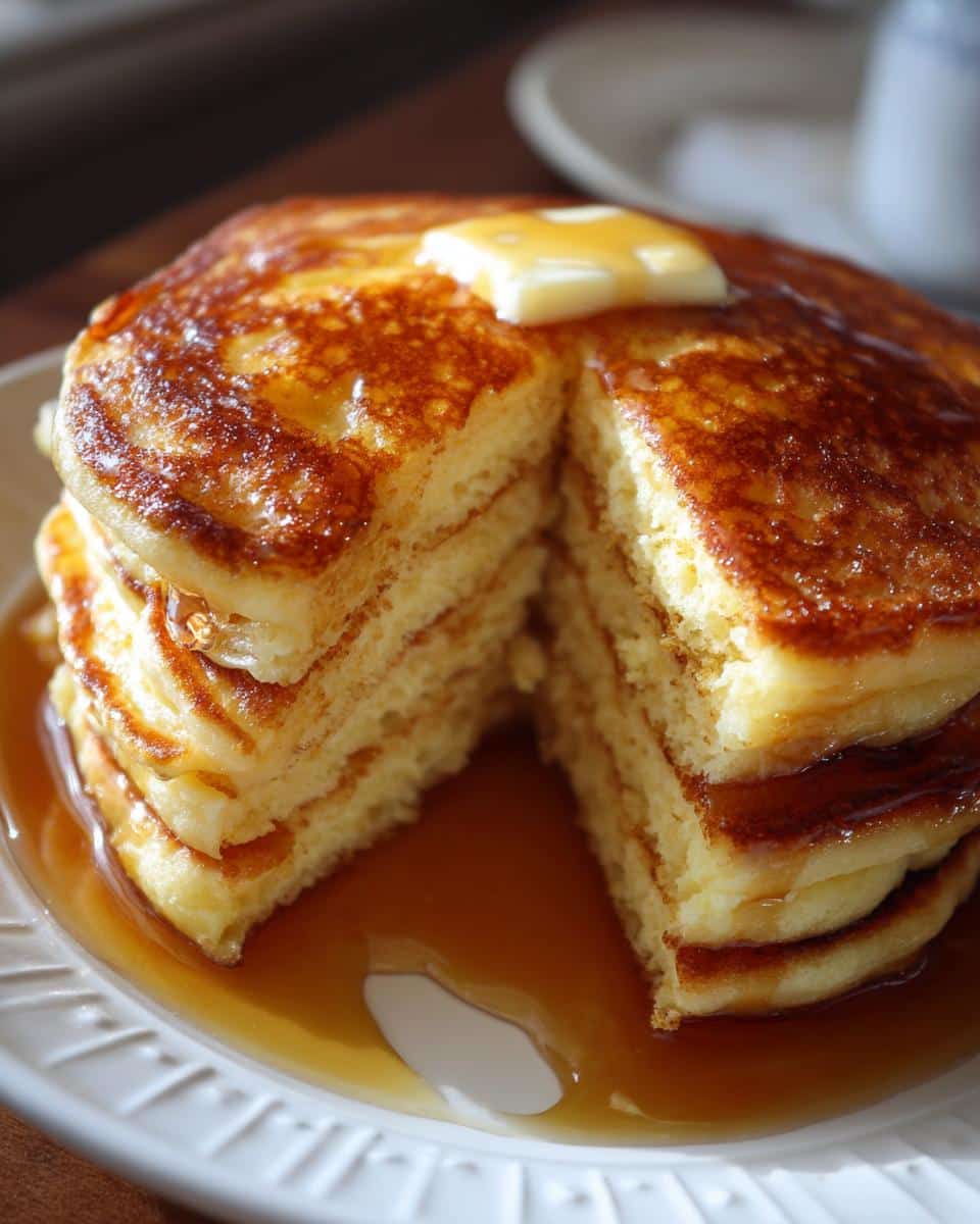 Close-up of a stack of Fluffy Buttermilk Pancakes with a slice cut out, showing layers, topped with butter and maple syrup.