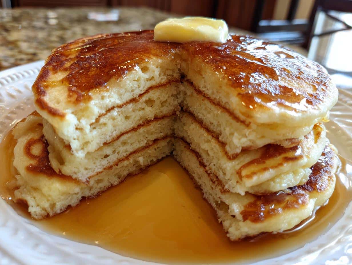 A stack of golden brown Fluffy Buttermilk Pancakes with a pat of butter and dripping with maple syrup, with one pancake cut open to show its fluffy texture.