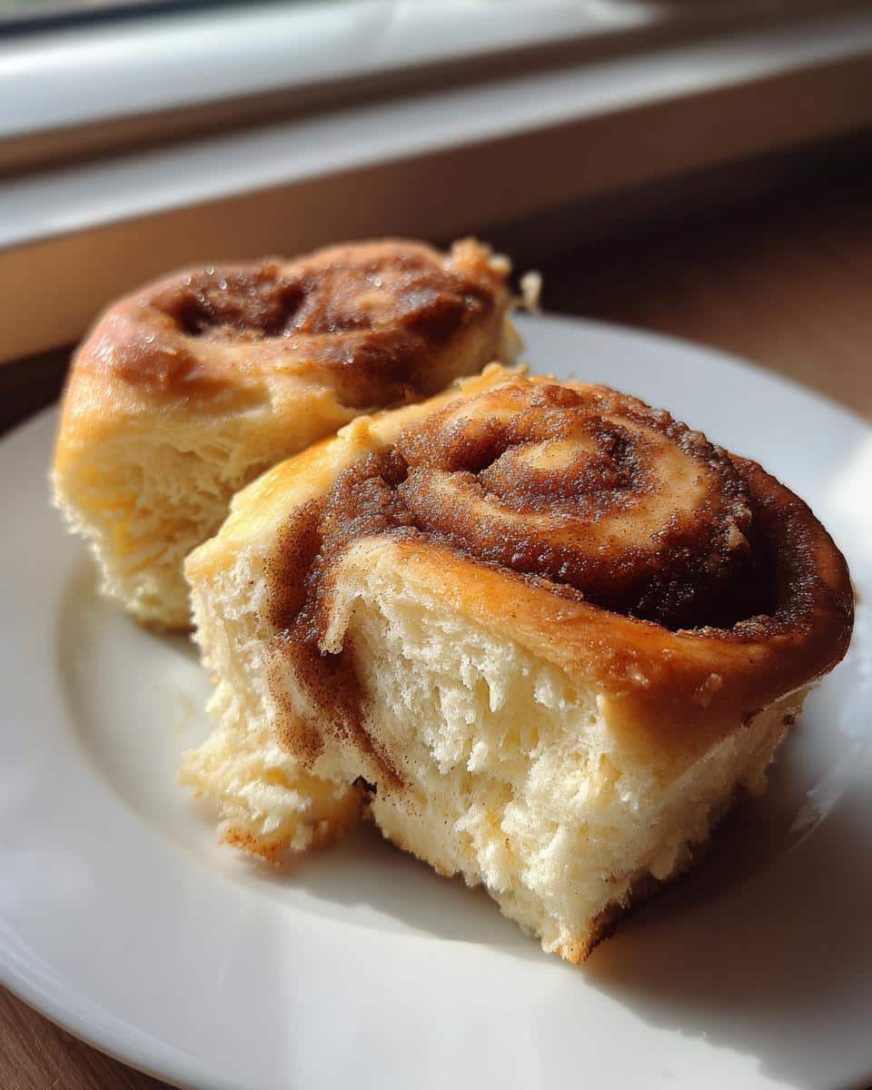Two warm, fluffy Cafe-Style Breakfast Rolls with cinnamon filling on a white plate, bathed in natural light.