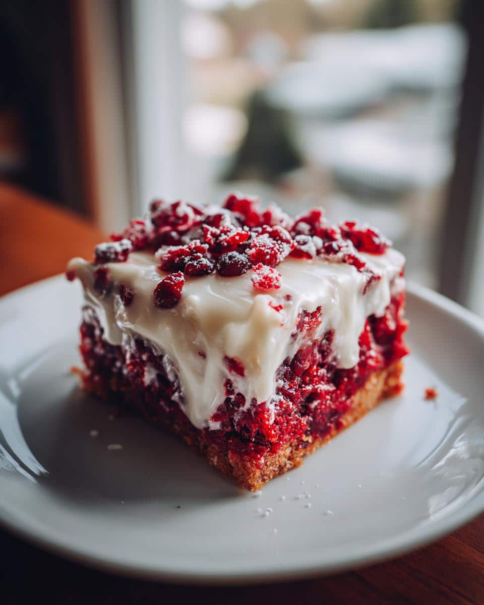 A close-up of a single Fluffy Pin by Secret on Seasons Cranberry Bliss Bar on a white plate, topped with white icing and dried cranberries.