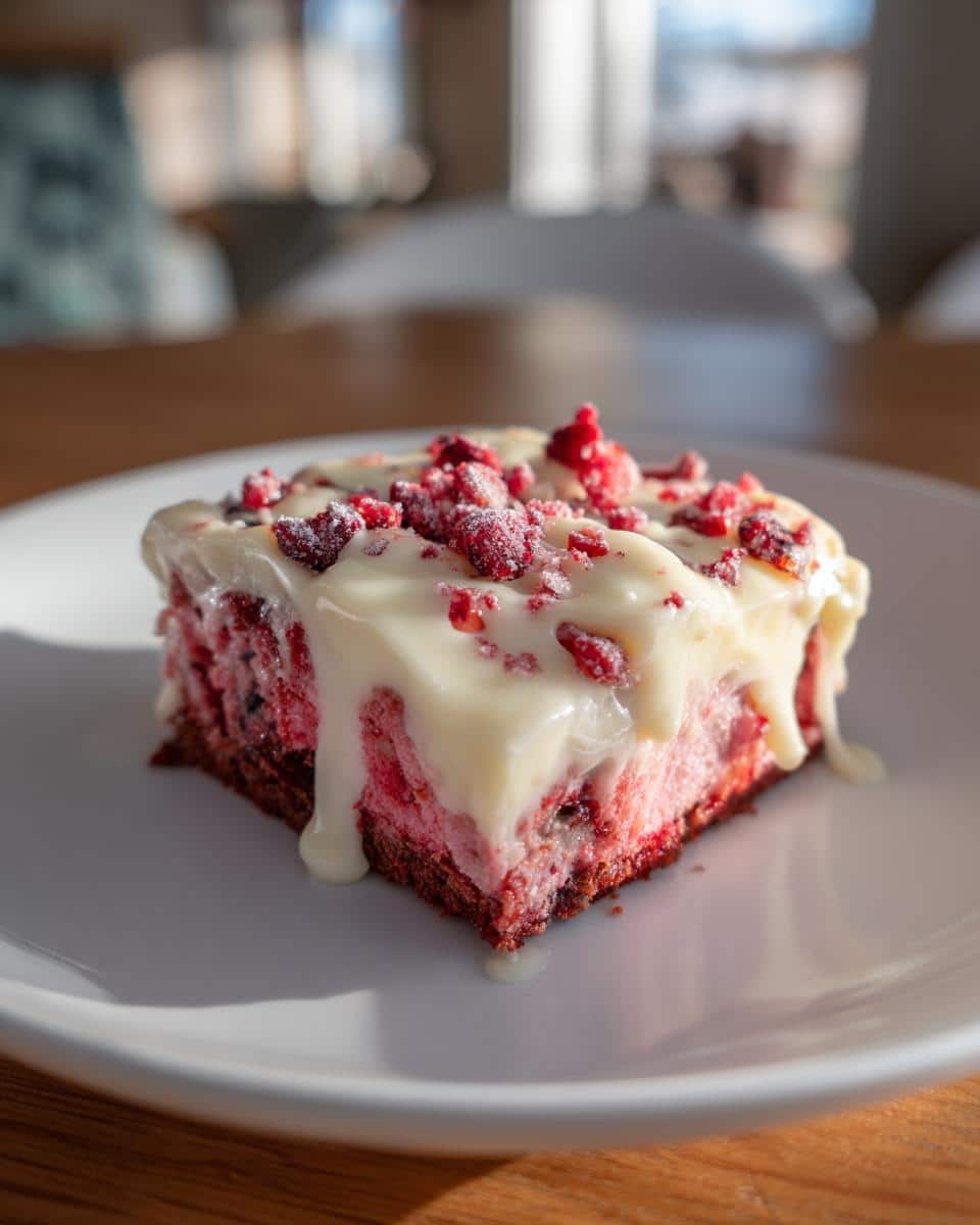 A close-up of a single Fluffy Pin by Secret on Seasons Cranberry Bliss Bar, topped with white icing and red cranberry pieces.