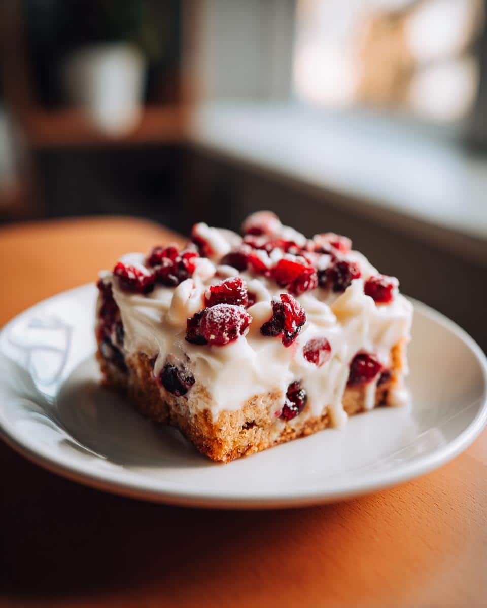A close-up of a Fluffy Pin by Secret on Seasons Cranberry Bliss Bar with white frosting and dried cranberries on a white plate.