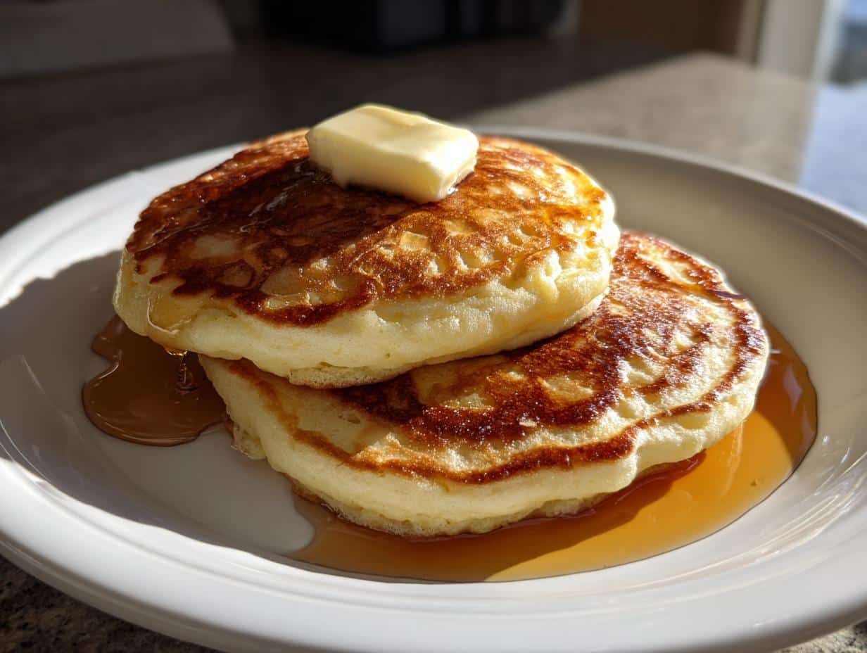 A close-up of two golden brown Fluffy Ever Pancakes stacked on a white plate, topped with a pat of melting butter and drizzled with maple syrup.