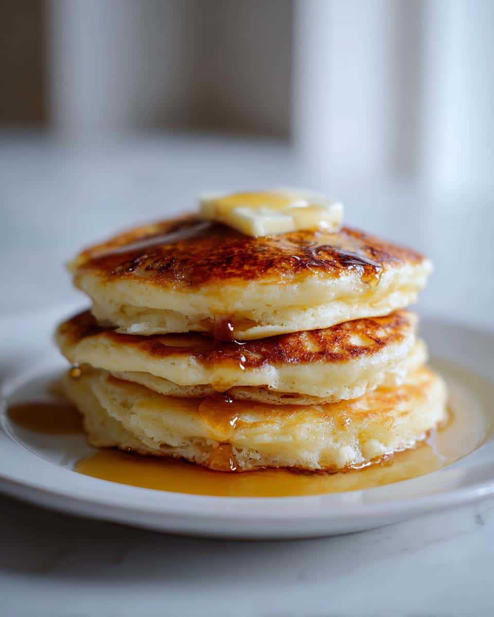 A close-up of a stack of three golden brown Fluffy Ever Pancakes, topped with a pat of butter and drizzled with maple syrup.