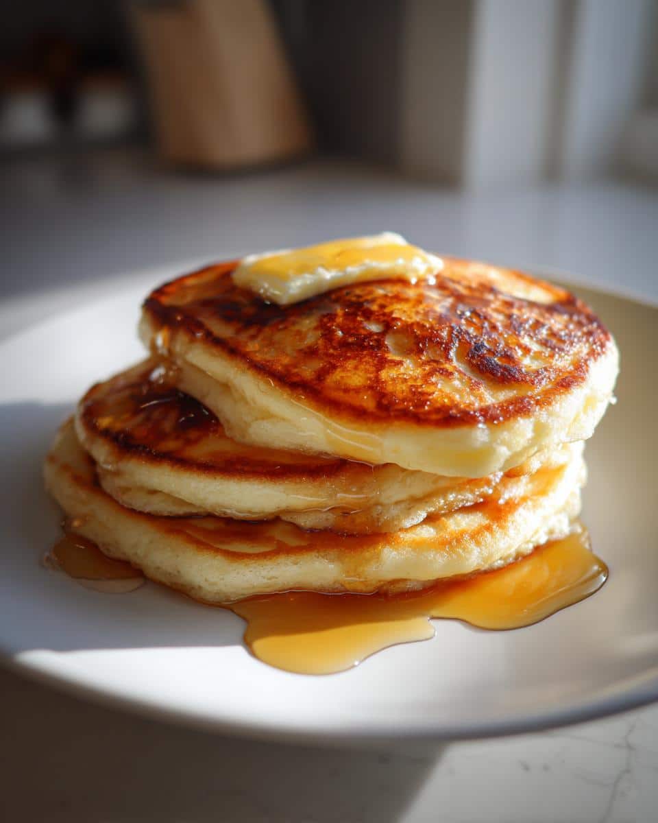 A close-up of a stack of golden brown Fluffy Ever Pancakes topped with melting butter and dripping maple syrup.