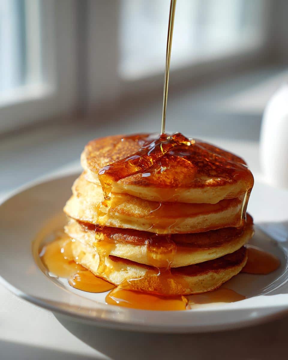 A tall stack of golden brown fluffy pancakes on a white plate, with maple syrup being poured over the top.