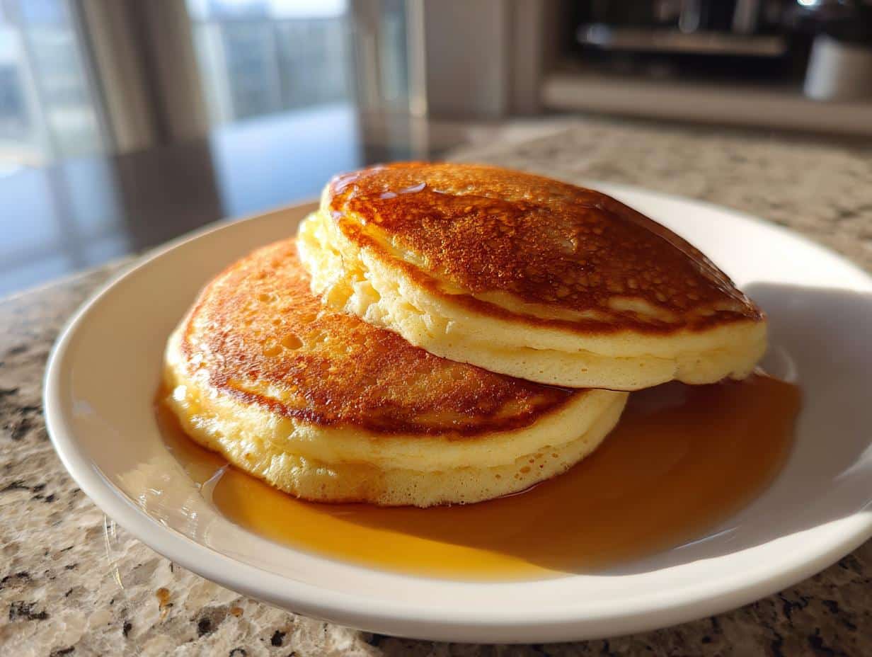 A close-up of two golden brown, Fluffy Pancakes stacked on a white plate, generously drizzled with maple syrup.