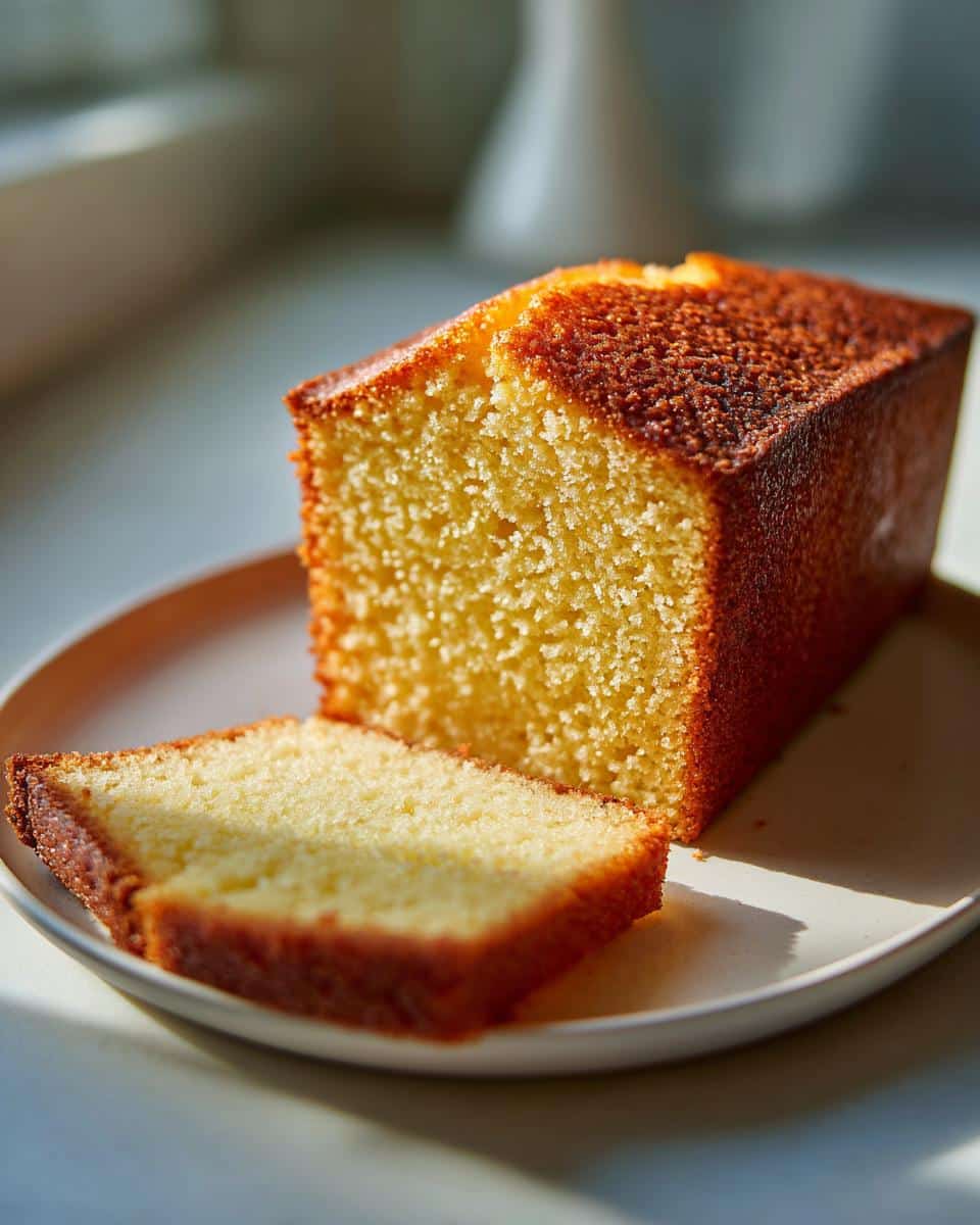 A golden-brown French Butter Cake loaf with a single slice cut out, resting on a light-colored plate.