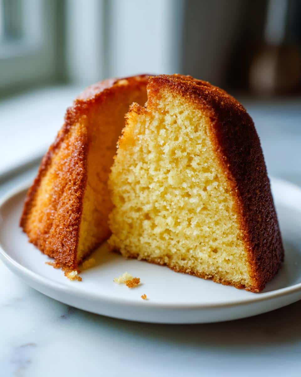 A close-up of a golden-brown slice of French Butter Cake on a white plate, showing its moist, tender crumb.
