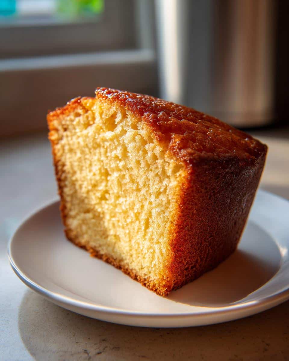A close-up of a golden-brown slice of French Butter Cake on a white plate, showing its moist and rich texture.