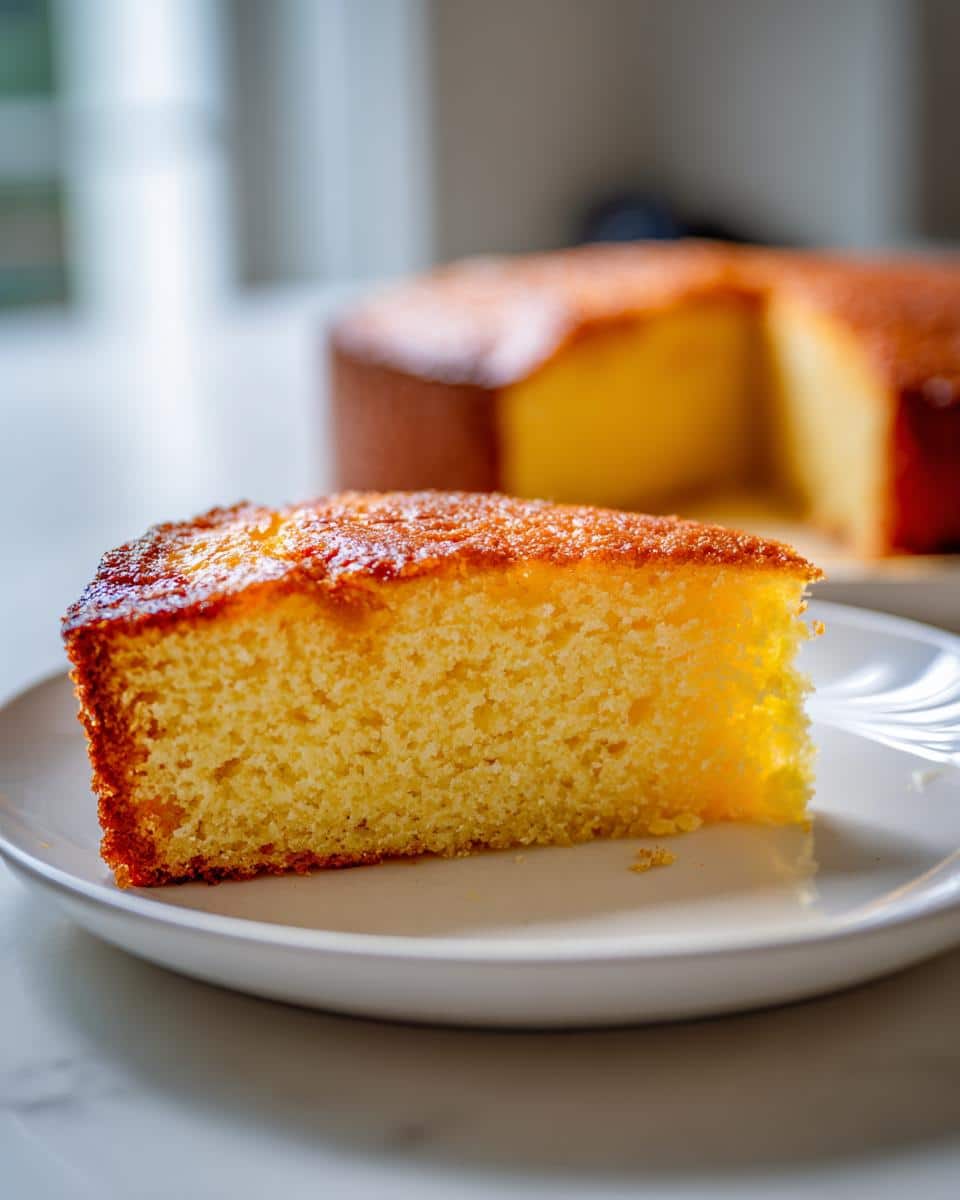 A close-up of a golden-brown slice of French Butter Cake on a white plate, with the rest of the cake in the background.