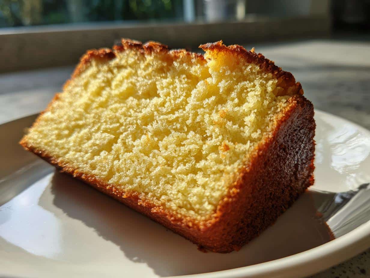 A close-up shot of a golden-brown slice of French Butter Cake on a white plate, showing its moist texture.