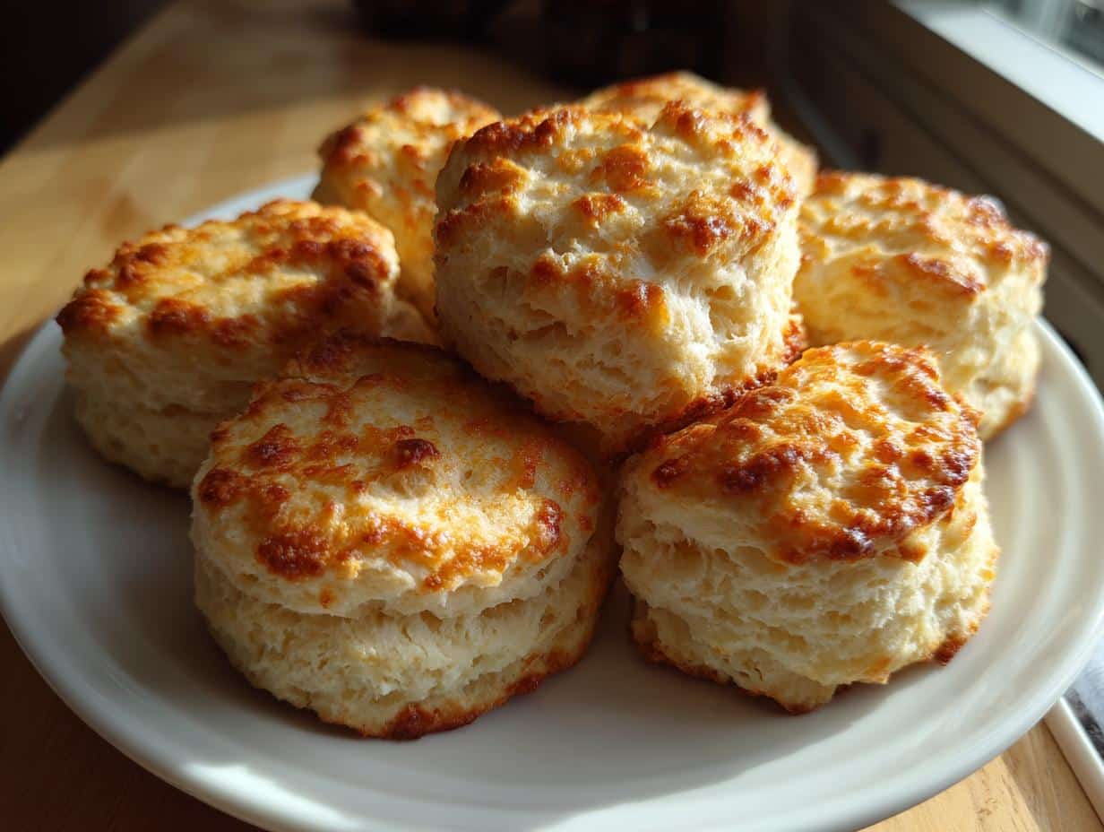 A close-up shot of a plate piled high with golden-brown Fresh Breakfast Protein Biscuits, showing their flaky texture.