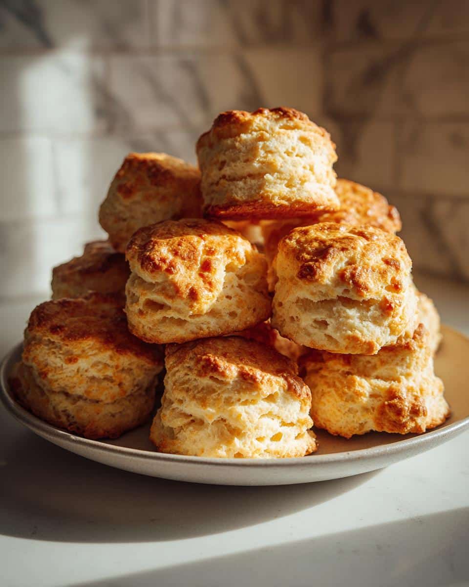 A tall stack of golden brown Fresh Breakfast Protein Biscuits on a plate, showing flaky layers and a warm glow.