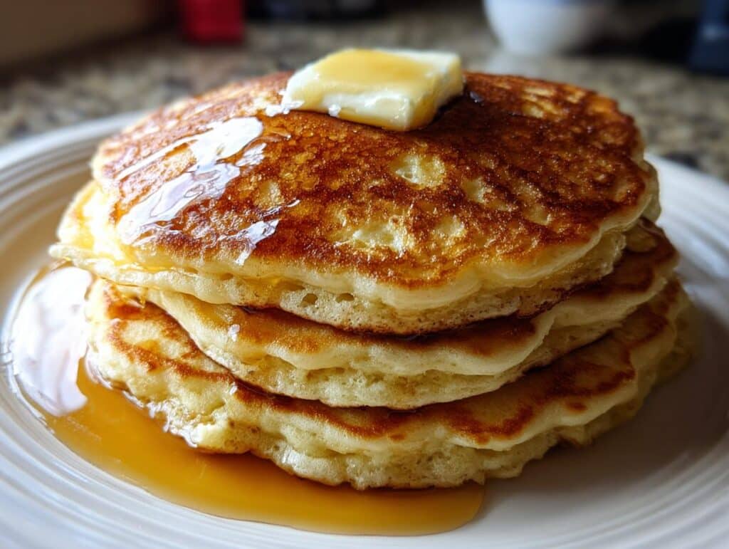 A close-up of a stack of golden brown Fresh Fluffy Pancakes with melting butter and maple syrup drizzled down the sides.