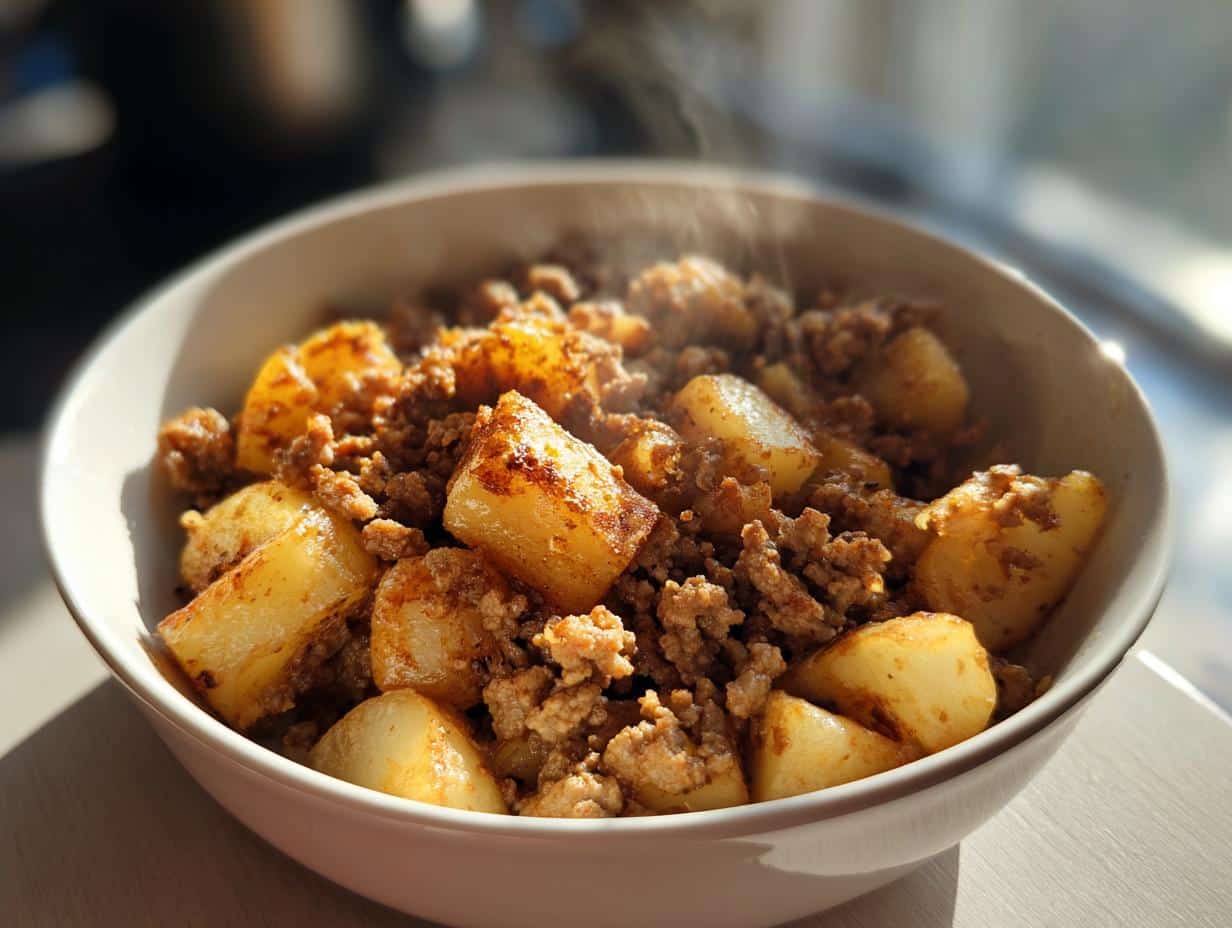 Close-up of a white bowl filled with steaming Fresh Ground Turkey with Potatoes, showing golden-brown potato chunks and browned ground turkey.