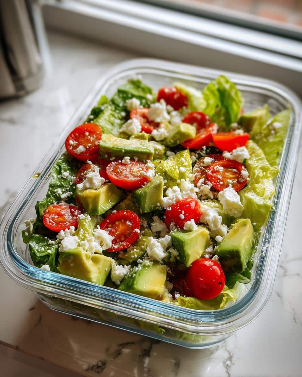 A vibrant salad in a glass container, featuring lettuce, cherry tomatoes, avocado, and crumbled feta cheese, perfect for Healthy Lunch ideas for Meal Prep.