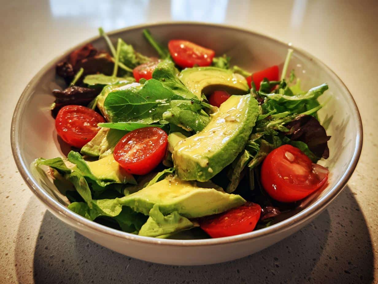 A close-up of a fresh salad with sliced avocado, cherry tomatoes, and mixed greens in a white bowl, perfect for Fresh Super Simple Healthy Lunches.
