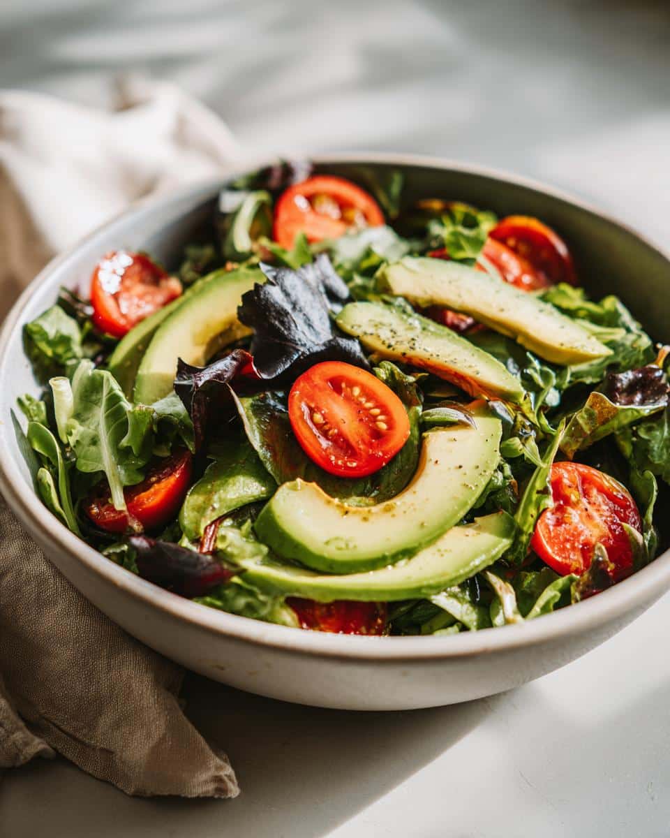 Close-up of a vibrant bowl of Fresh Super Simple Healthy Lunches, featuring mixed greens, sliced avocado, and halved cherry tomatoes.