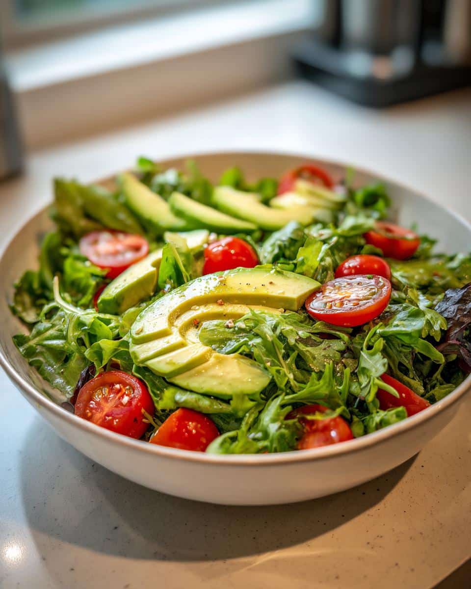 A vibrant bowl of Fresh Super Simple Healthy Lunches featuring a green salad with sliced avocado and cherry tomatoes.