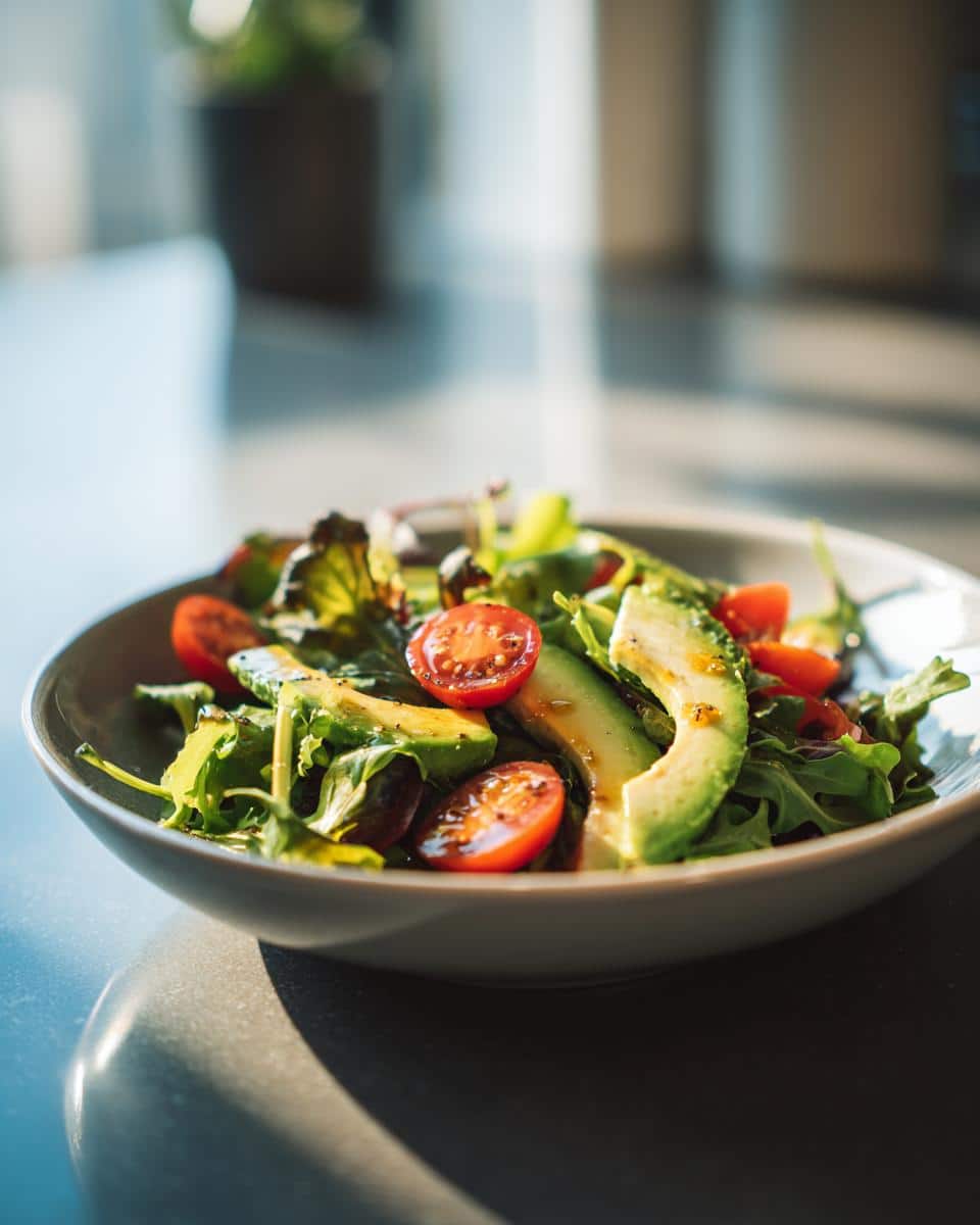 A vibrant bowl of Fresh Super Simple Healthy Lunches featuring a salad with mixed greens, sliced avocado, and halved cherry tomatoes, drizzled with dressing.