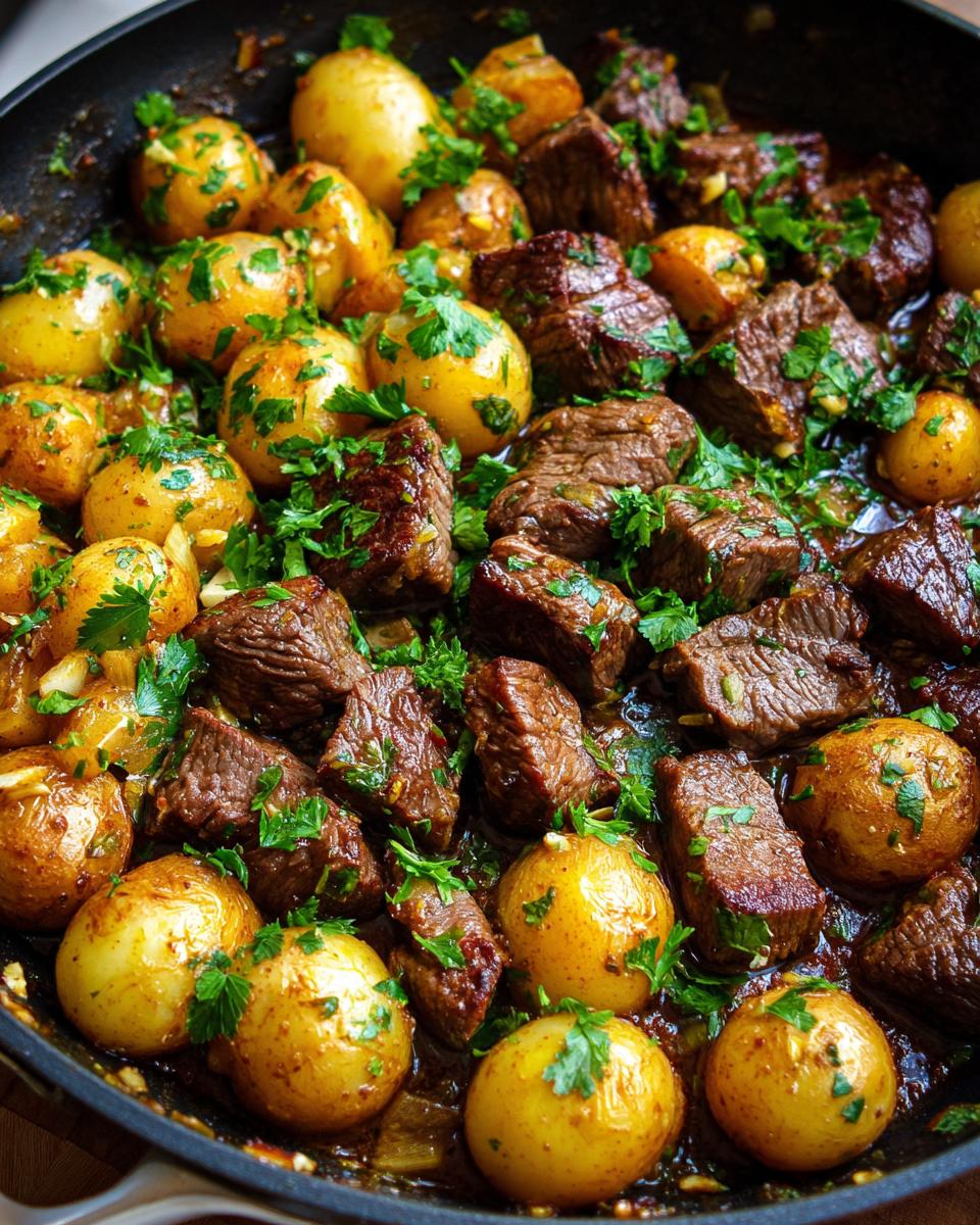 Close-up of a skillet filled with golden Garlic Butter Steak Bites and Potatoes, garnished with fresh parsley.