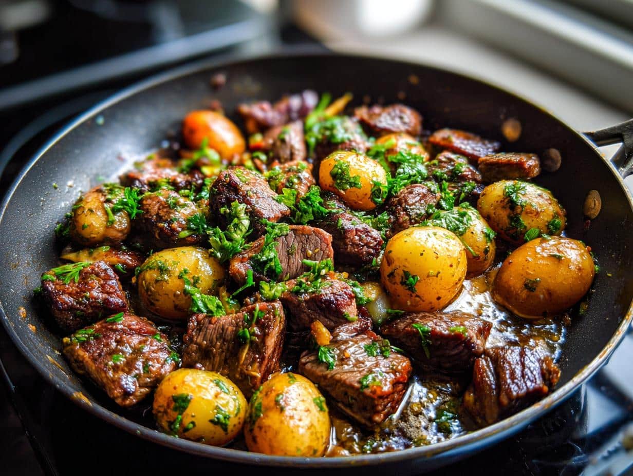 Close-up of a skillet filled with sizzling Garlic Butter Steak Bites and Potatoes, garnished with fresh parsley.
