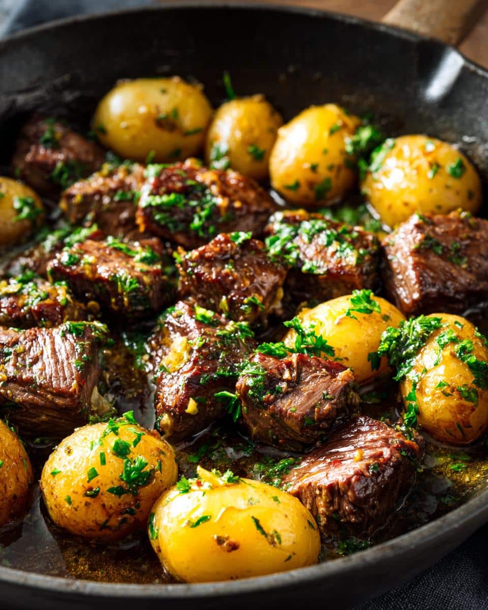 Close-up of Garlic Butter Steak Bites and Potatoes in a black skillet, garnished with fresh parsley.