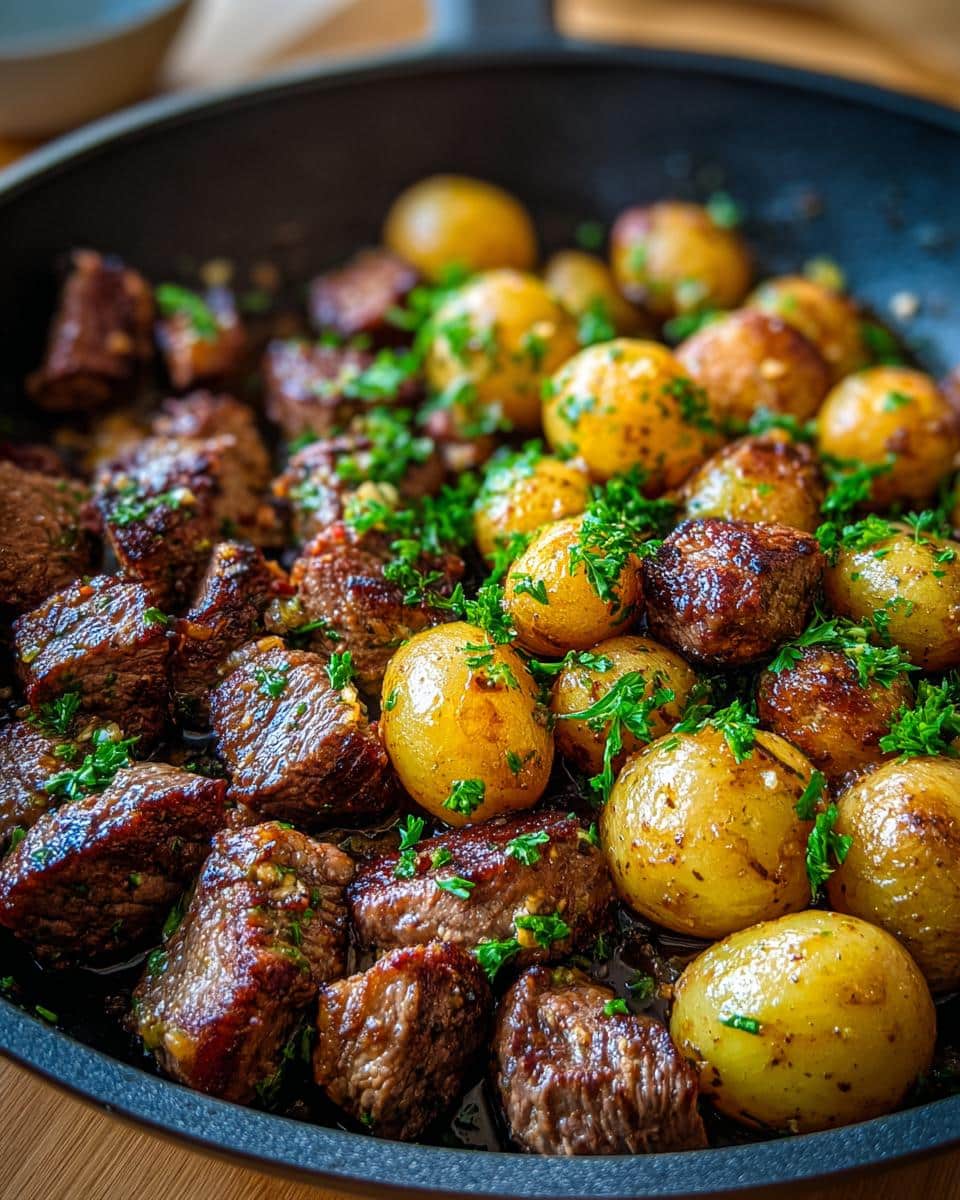 Close-up of Garlic Butter Steak Bites and Potatoes cooking in a black skillet, garnished with fresh parsley.