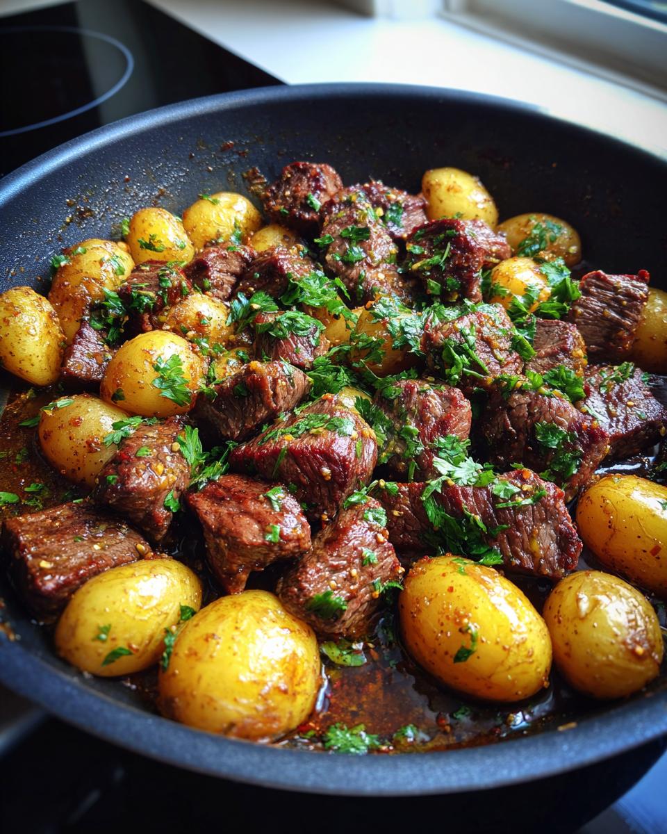 Close-up of a skillet filled with golden Garlic Butter Steak Bites and Potatoes, garnished with fresh parsley.