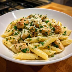 A close-up of a white bowl filled with creamy Garlic Chicken Pasta, garnished with fresh parsley and grated Parmesan cheese.
