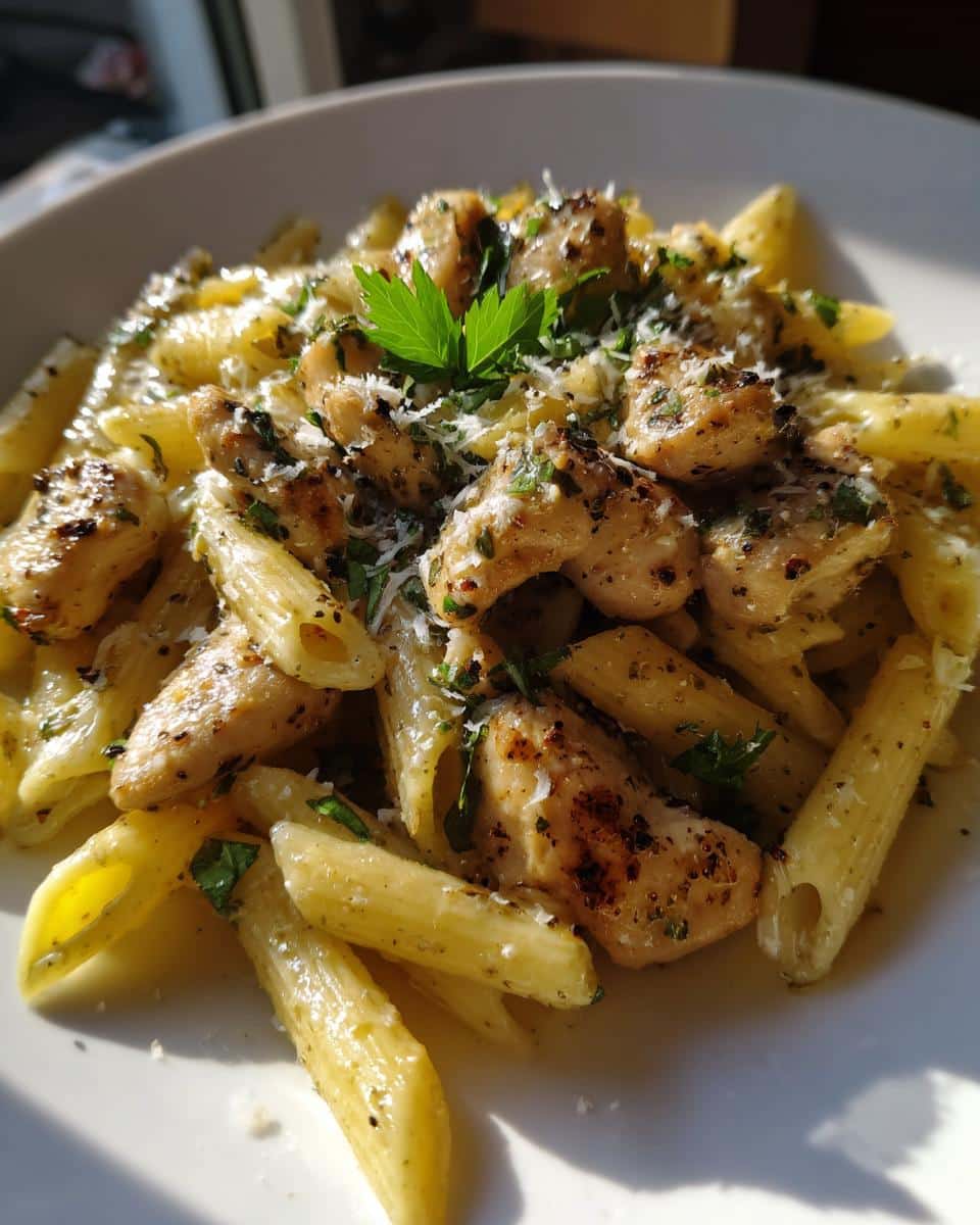 Close-up of a serving of Garlic Chicken Pasta in a white bowl, garnished with parsley and parmesan cheese.
