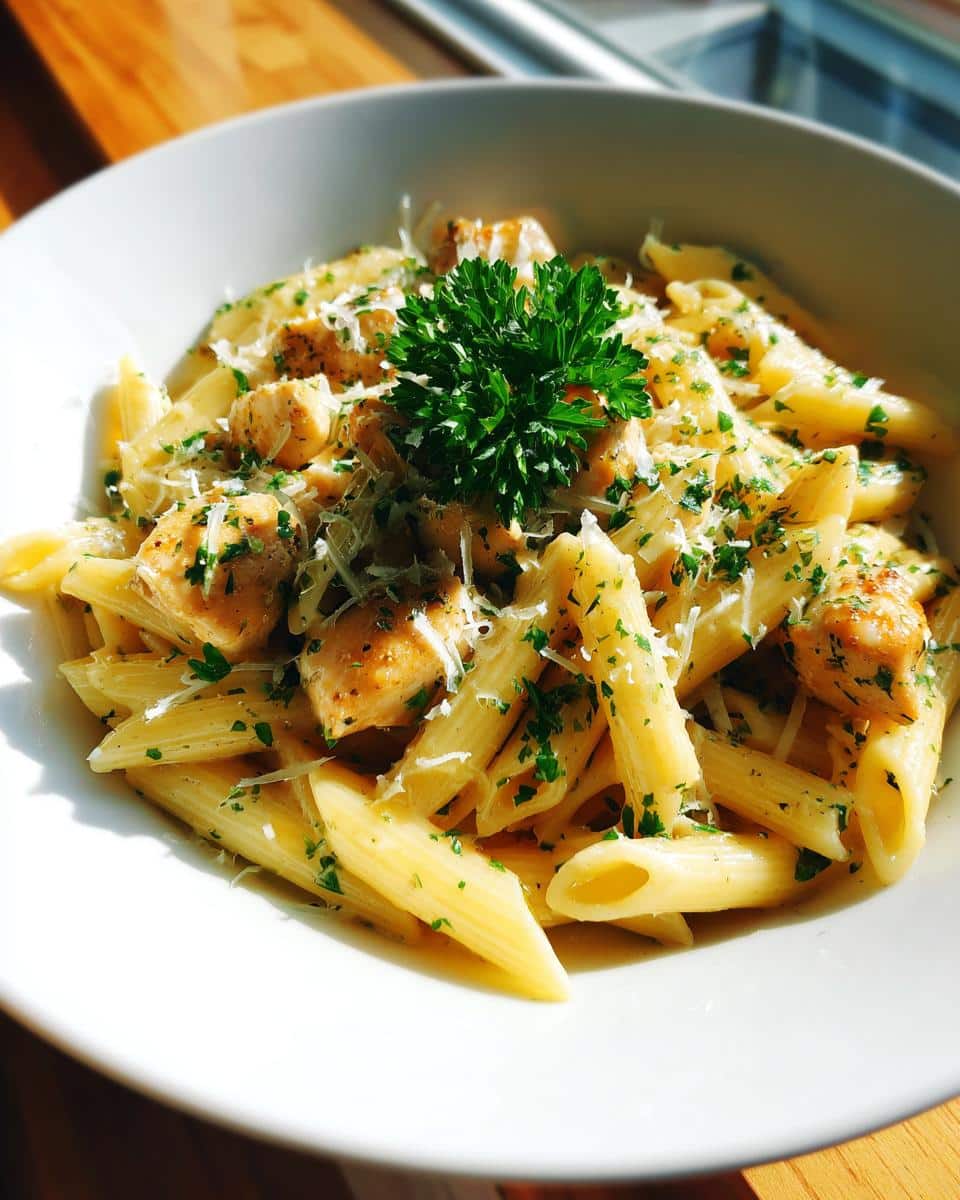 A close-up of a bowl of Garlic Chicken Pasta Recipe, garnished with fresh parsley and grated cheese.