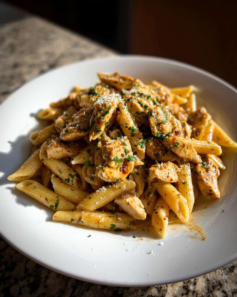 A close-up of a white bowl filled with a delicious Garlic Chicken Pasta Recipe, garnished with fresh parsley and parmesan.