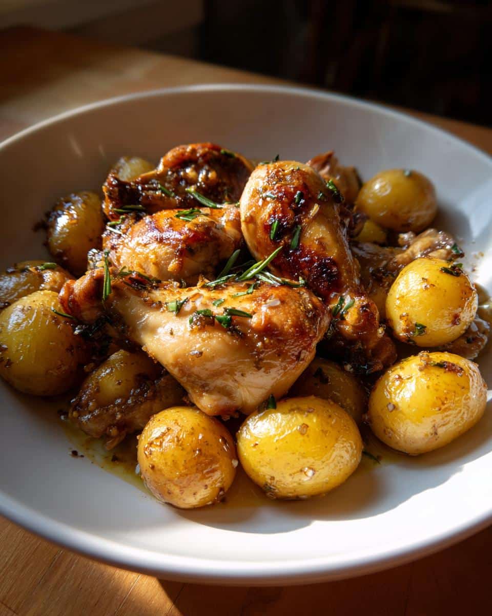 Close-up of golden-brown Garlic Parmesan Crockpot Chicken and Potatoes in a white bowl, garnished with fresh herbs.