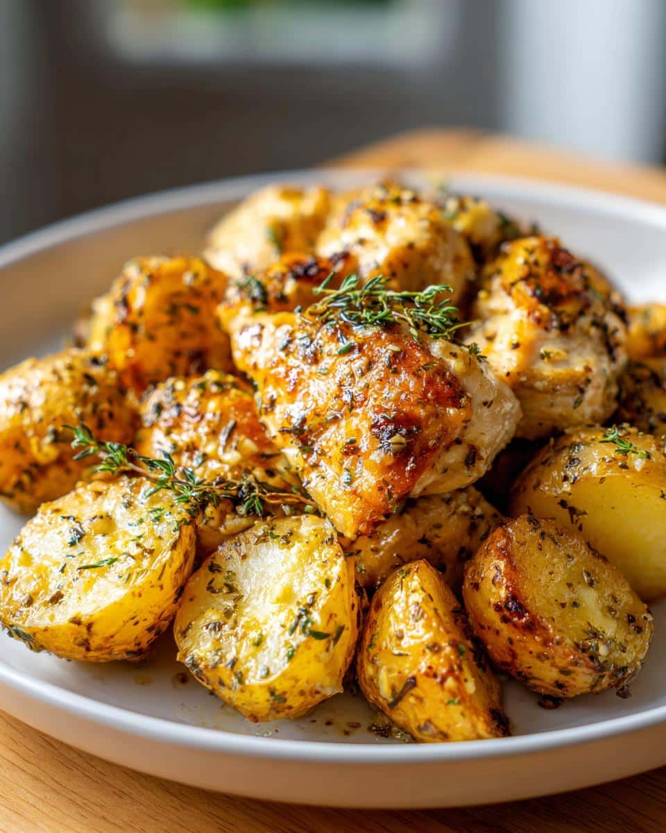 A close-up of a plate of Garlic Parmesan Crockpot Chicken and Potatoes, garnished with fresh thyme.