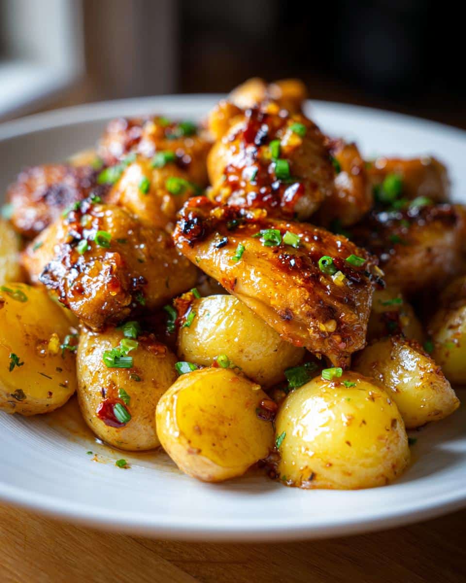 Close-up of a plate of Garlic Parmesan Crockpot Chicken and Potatoes for Dinner, garnished with chives.