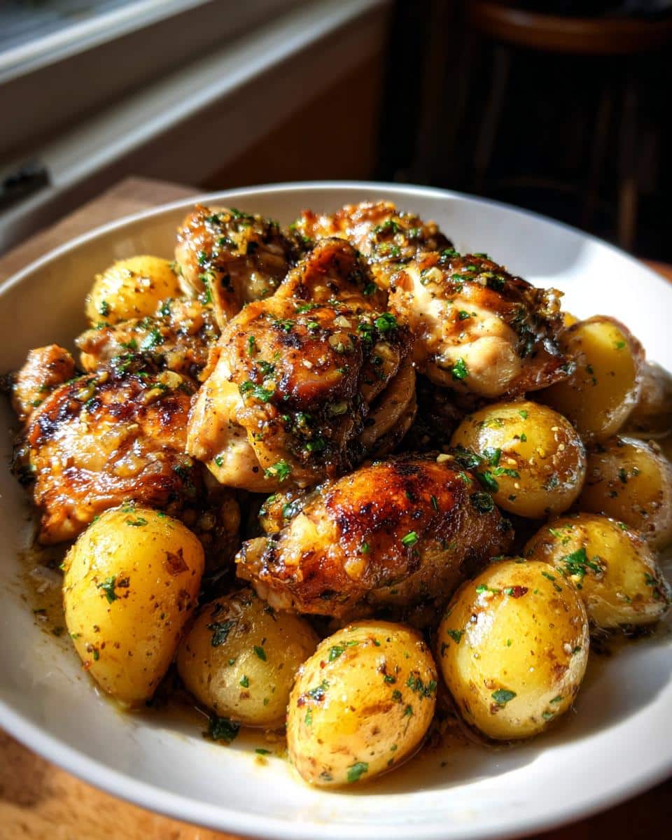 A close-up of a white bowl filled with golden-brown Garlic Parmesan Crockpot Chicken and Potatoes, garnished with fresh herbs.