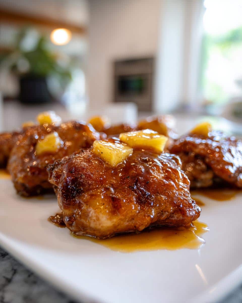 Close-up of succulent Hawaiian Chicken Thighs on a white plate, glistening with a sweet glaze and topped with pineapple chunks.