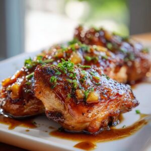 Close-up of glistening Hawaiian Chicken Thighs on a white plate, garnished with fresh herbs and pineapple pieces.