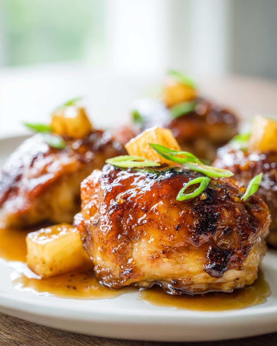 Close-up of a glazed Hawaiian Chicken Thighs Recipe, garnished with pineapple chunks and green onions, on a white plate.