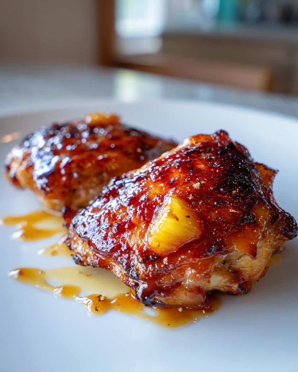 Two glistening Hawaiian Chicken Thighs Recipe on a white plate, coated in a rich, sticky glaze with pineapple visible.