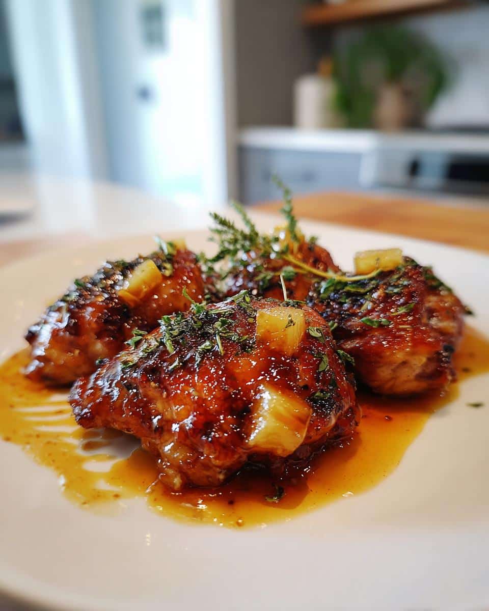 Close-up of glazed Hawaiian Chicken Thighs Recipe garnished with pineapple chunks and fresh herbs on a white plate.