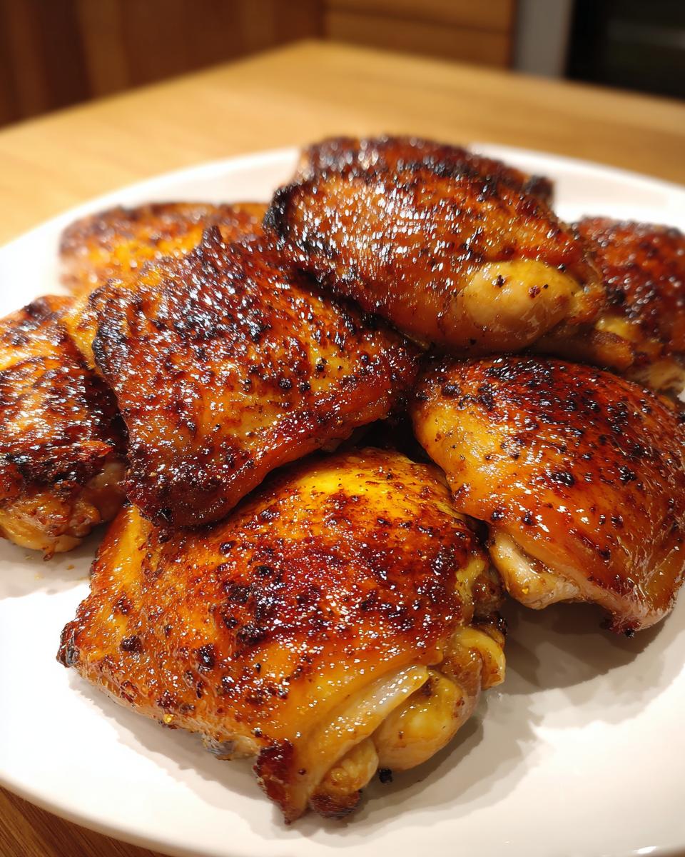 A close-up of a pile of beautifully browned and glazed Crockpot Chicken Thighs on a white plate.