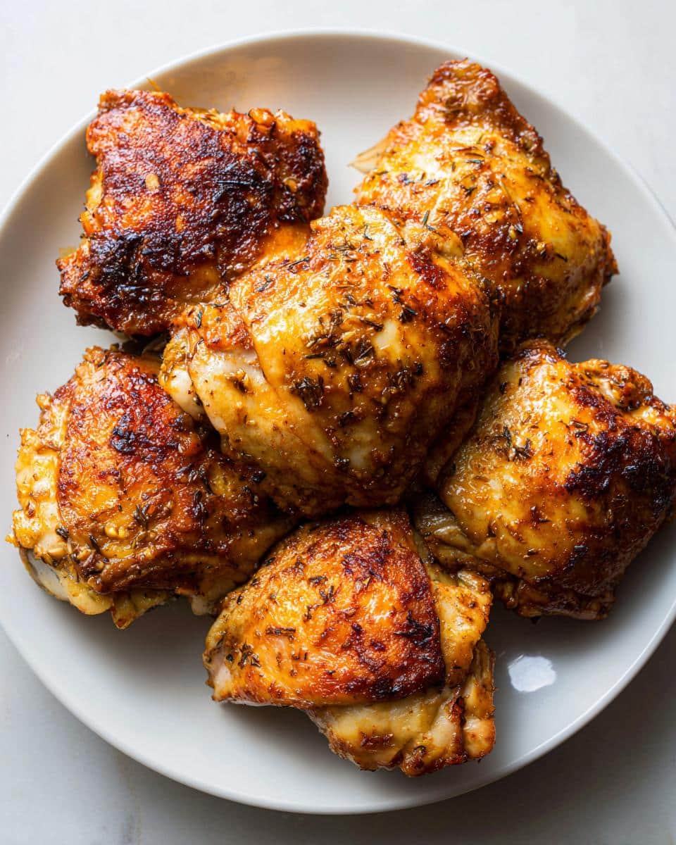 A close-up of several golden-brown, seasoned Crockpot Chicken Thighs piled on a white plate, ready for dinner.