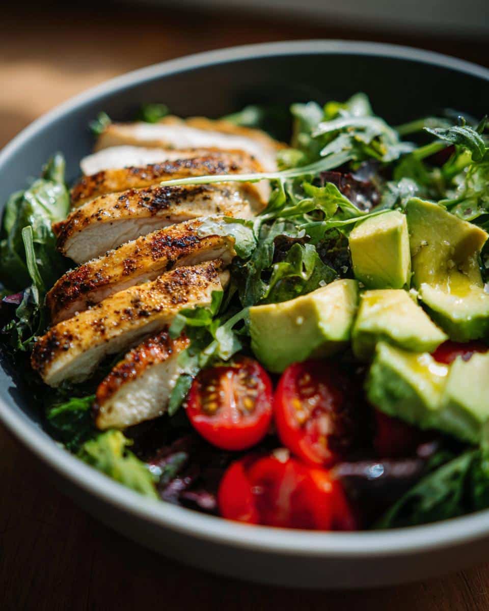 A close-up of a vibrant salad with sliced grilled chicken, avocado, cherry tomatoes, and mixed greens, perfect for Healthy Protein Lunch Ideas for Work Recipe.