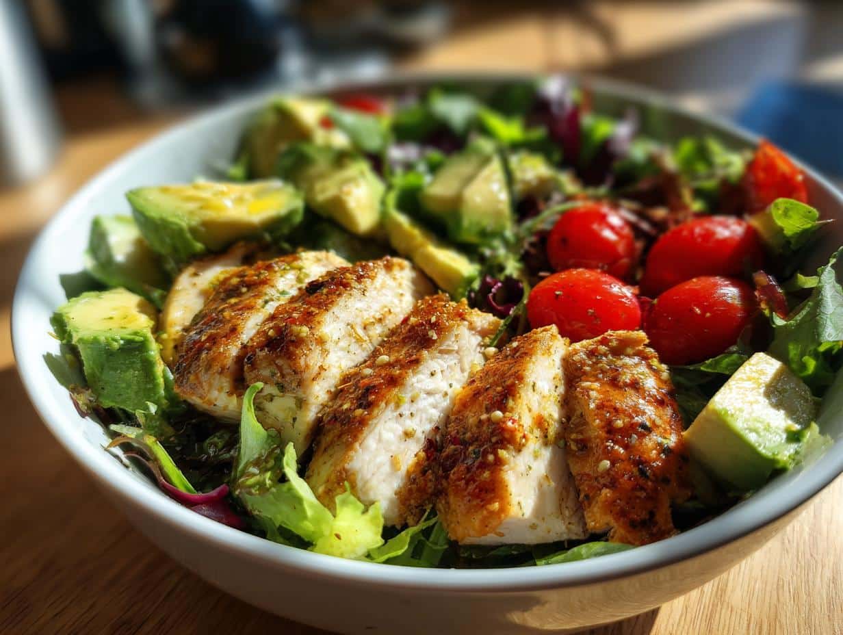 A vibrant bowl of grilled chicken salad with avocado, cherry tomatoes, and mixed greens, perfect for Healthy Protein Lunch Ideas for Work.