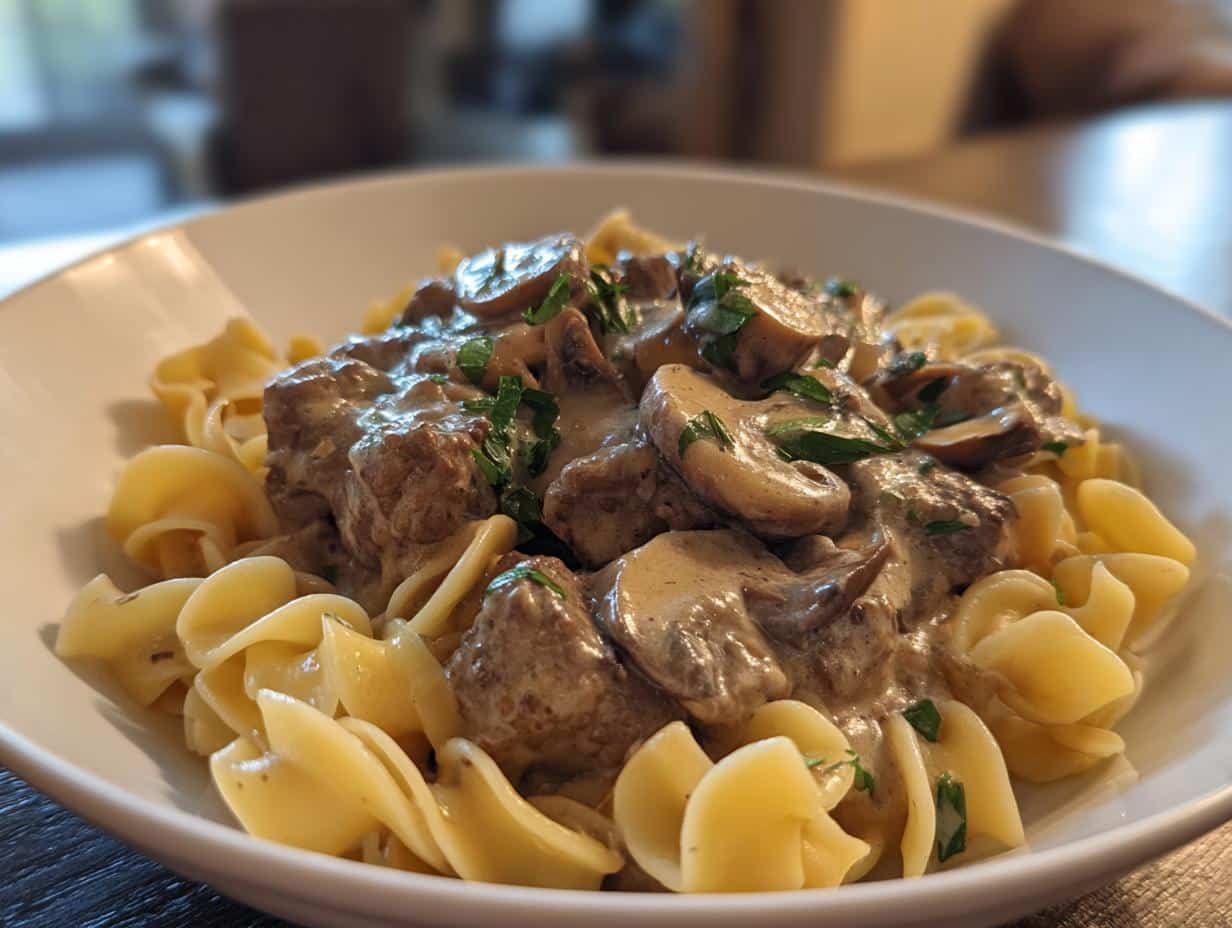 A close-up shot of a bowl of creamy Ground Beef Stroganoff with mushrooms and parsley, served over egg noodles.