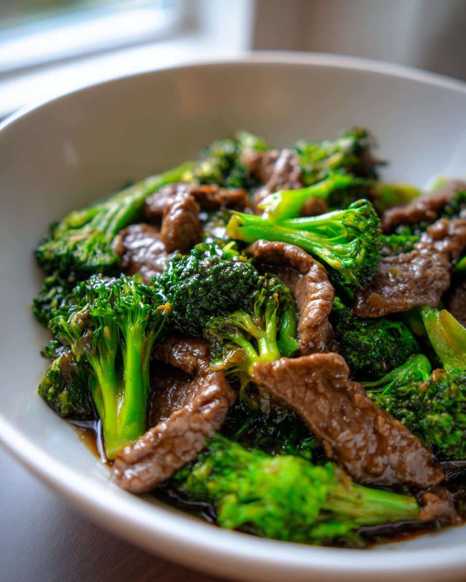A close-up shot of a bowl filled with Healthy Balanced Chinese Beef and Broccoli, featuring tender beef slices and vibrant green broccoli florets in a savory sauce.