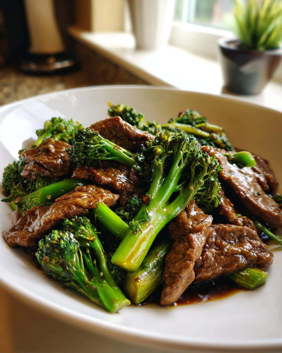 Close-up of a white bowl filled with Healthy Balanced Chinese Beef and Broccoli, featuring tender beef slices and vibrant green broccoli florets in a savory sauce.